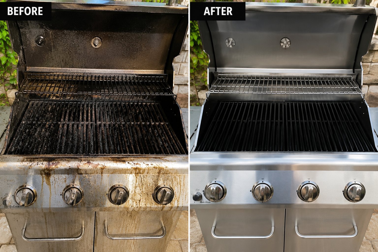 Before and after comparison of a gas grill cleaning, showing rust removal and restoration of the grates and burner controls